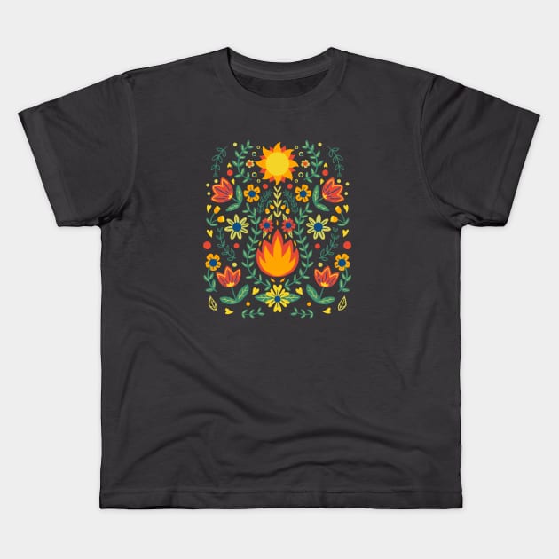 Summer Solstice Folk Art Bonfire Kids T-Shirt by Carabara Designs